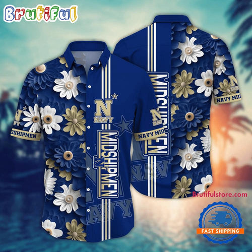 NCAA Navy Midshipmen Flower Summer Aloha Button Hawaiian Shirt