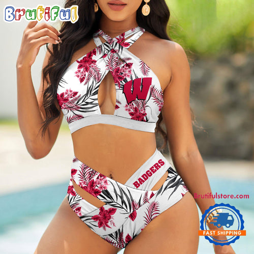 NCAA Wisconsin Badgers Hawaiian Pattern Deisgn Women’s Bikini Set, Women’s Sporty Summer Bikini Set