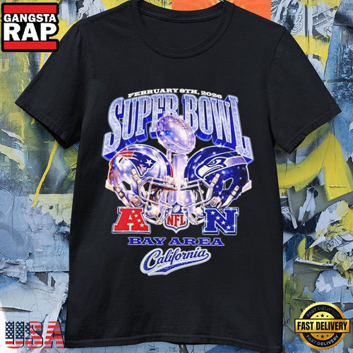 New England Patriots vs Seattle Seahawks Super Bowl 2026 Bay Area Helmet T-Shirt
