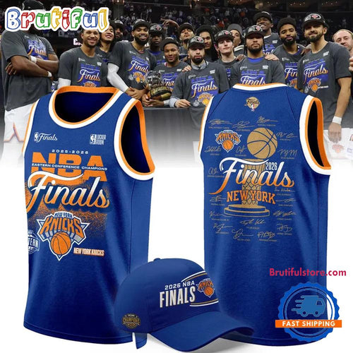 New York Knicks 2026 Eastern Conference Champions Locker Room Signatures Blue Basketball Jersey