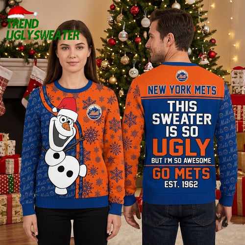New York Mets Olaf Snowmen Santa Hats Snowflake Orange And Blue Ugly Christmas Sweater