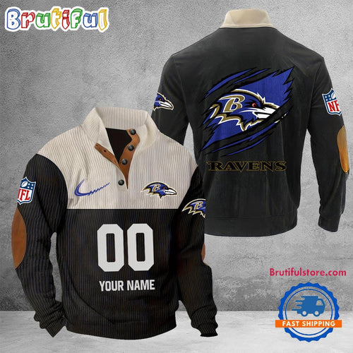 NFL Baltimore Ravens Football Team Custom Name And Number Buttoned Collar Sweatshirt