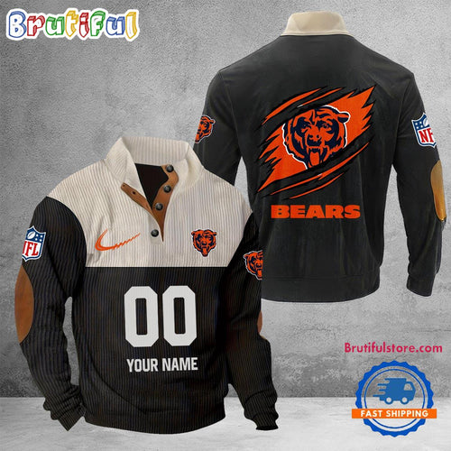 NFL Chicago Bears Football Team Custom Name And Number Buttoned Collar Sweatshirt