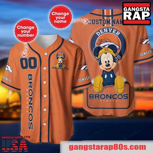 NFL Custom Name Number Disney Mickey Denver Broncos Baseball Jersey Shirt