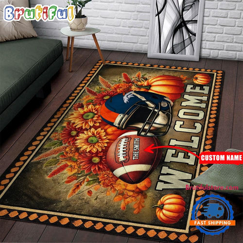 NFL Denver Broncos Pumpkin Flower Football Halloween Rectangle Rug