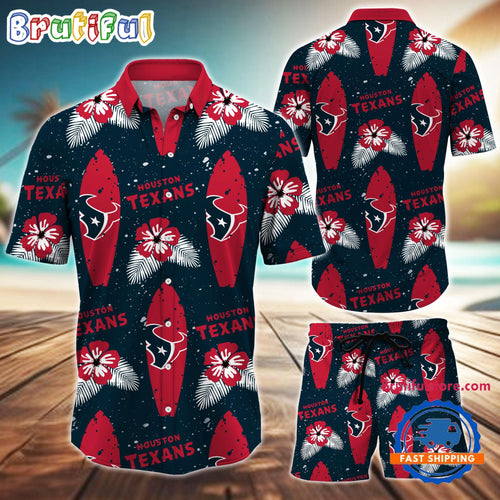 NFL Houston Texans Flower Pattern Hawaiian Shirt And Shorts, Football Summer Hawaiian Set
