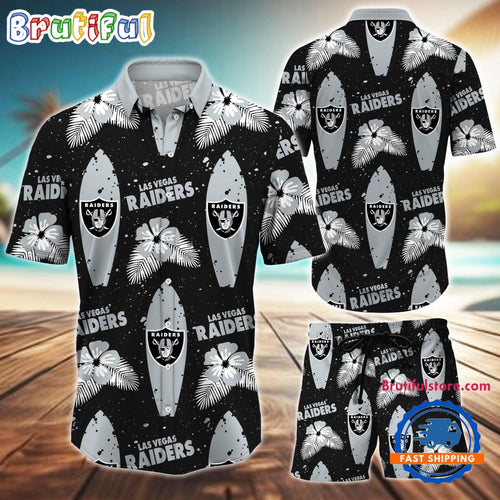 NFL Las Vegas Raiders Flower Pattern Hawaiian Shirt And Shorts, Football Summer Hawaiian Set