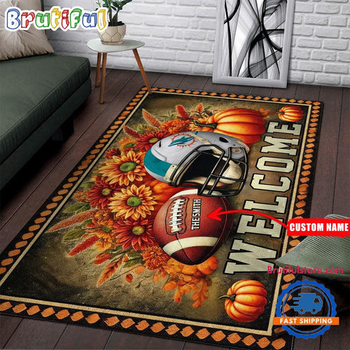 NFL Miami Dolphins Pumpkin Flower Football Halloween Rectangle Rug