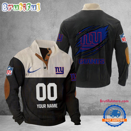 NFL New York Giants Football Team Custom Name And Number Buttoned Collar Sweatshirt