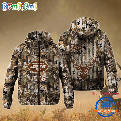 NFL New York Jets Football Camo Hunting Deer Windbreaker Outdoor Jacket