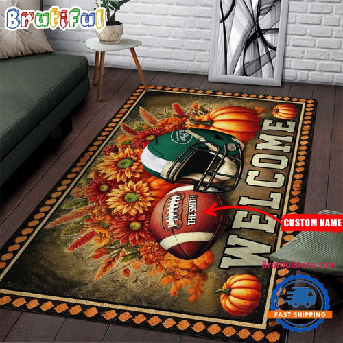 NFL New York Jets Pumpkin Flower Football Halloween Rectangle Rug