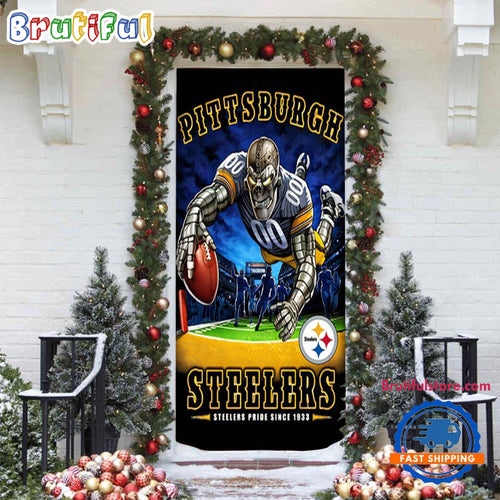 NFL Pittsburgh Steelers Mascot Football Christmas Door Cover, Football Xmas Door Cover