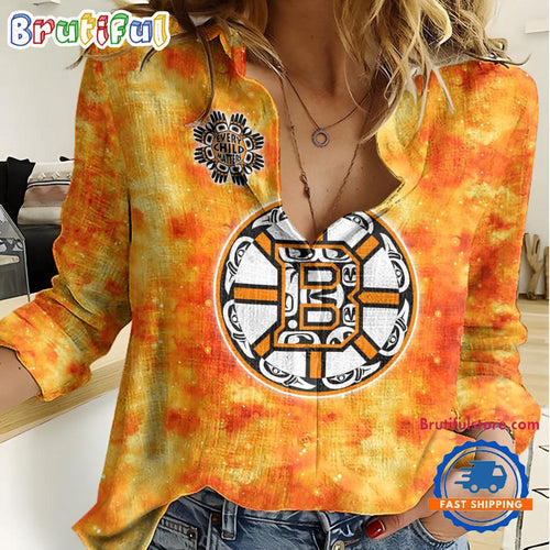 NHL Boston Bruins Hockey Team Orange Design Women’s Casual Shirt
