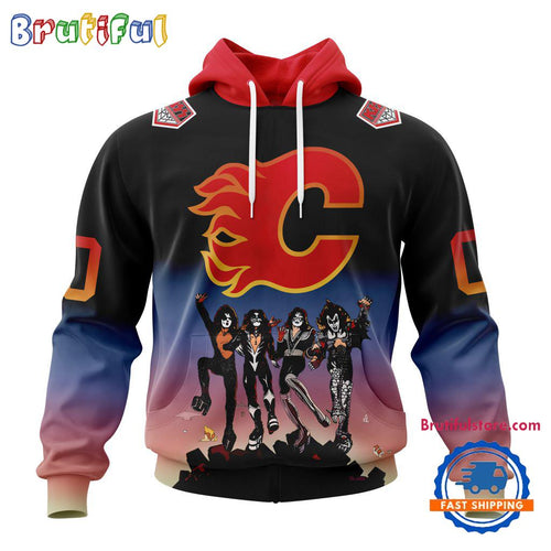 NHL Calgary Flames X KISS Band Special Hockey Team Music Design Unisex Hoodie