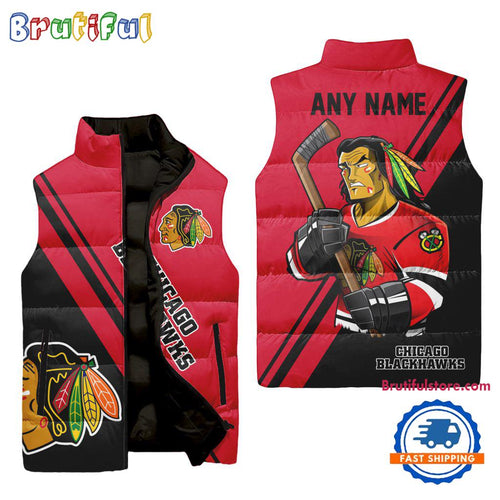 NHL Chicago Blackhawks Custom Name Sleeveless Puffer Jacket, Hockey Team Jacket Fans Gifts