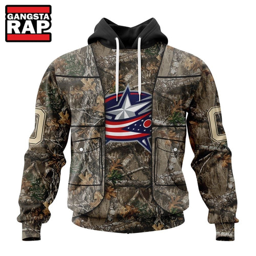 NHL Columbus Blue Jackets Specialized Unisex Vest Kits With Realtree Camo Hoodie, T Shirt