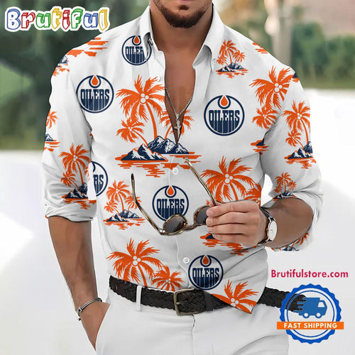NHL Edmonton Oilers Special Hockey Long Sleeve Hawaiian Design Button Shirt