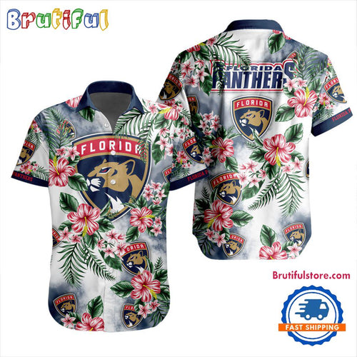 NHL Florida Panthers Hockey Tropical Flower Hawaiian Design Button Shirt
