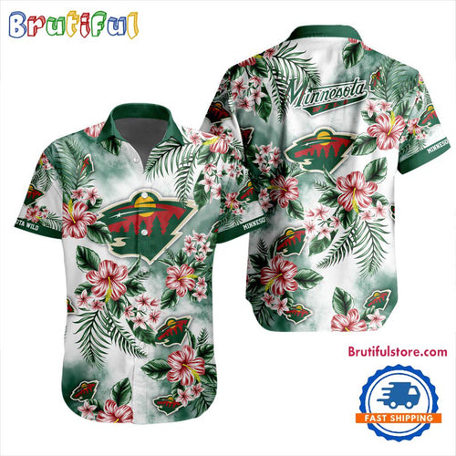 NHL Minnesota Wild Hockey Tropical Flower Hawaiian Design Button Shirt
