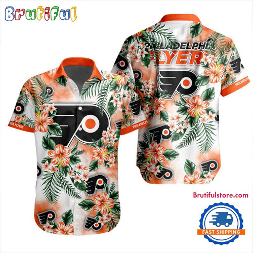 NHL Philadelphia Flyers Hockey Tropical Flower Hawaiian Design Button Shirt
