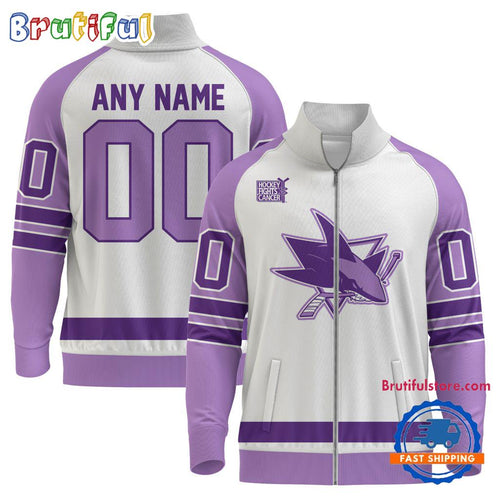 NHL San Jose Sharks Special Hockey Fight Cancer Standing Neck Zipper Jacket