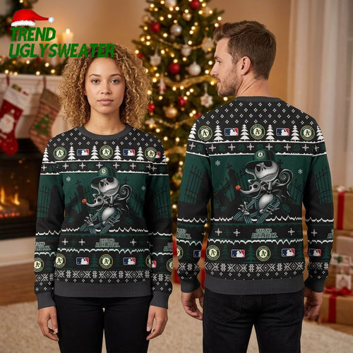 Oakland Athletics Jack Skellington Halloween Ugly Christmas Sweater