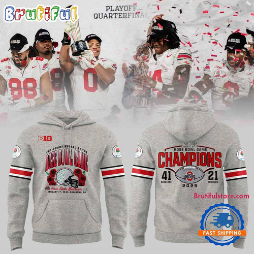 Ohio State Buckeyes Football Limited 2025 Rose Bowl Champions Grey Hoodie T-Shirt
