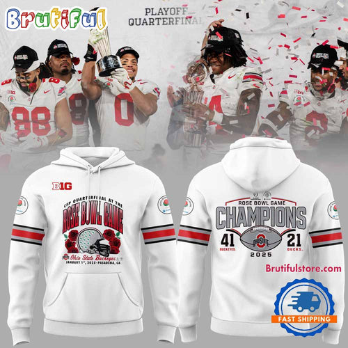 Ohio State Buckeyes Football Limited 2025 Rose Bowl Champions White Hoodie T-Shirt
