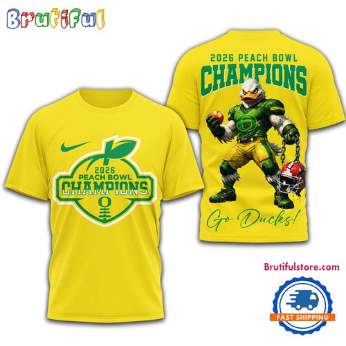 Oregon Ducks NCAA 2026 Peach Bowl Champions Yellow Design 3D Shirt