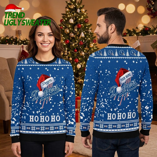 Personalized Dodgers Santa Hat Logo Custom Name Ugly Christmas Sweater