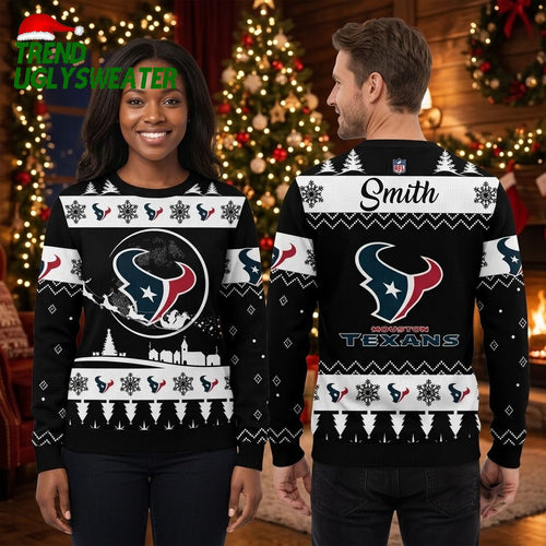 Personalized Houston Texans Santa Sleigh Custom Name Ugly Christmas Sweater Game Day Gift