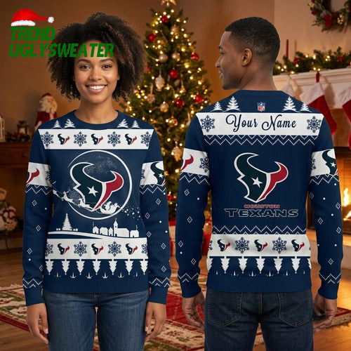 Personalized Houston Texans Santa Sleigh Custom Name Ugly Christmas Sweater Gift Design