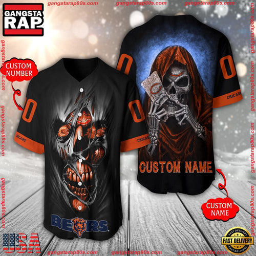 NFL Custom Name Number Chicago Bears Team Skull Death Baseball Jersey Shirt