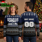 Personalized Seattle Seahawks Football Field Custom Name And Number Ugly Christmas Sweater