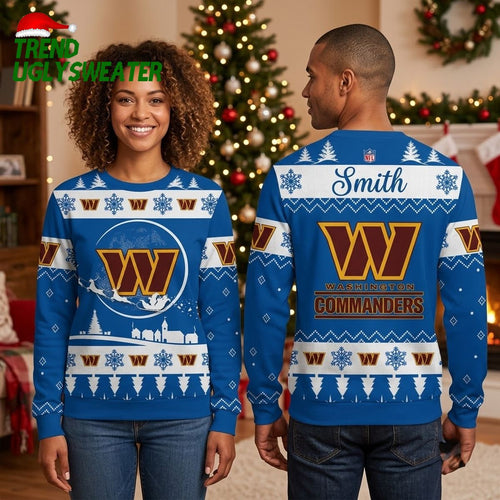 Personalized Washington Commanders Custom Name Snowflake Logo Ugly Christmas Sweater