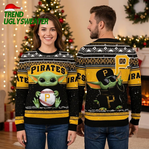 Pittsburgh Pirates Baby Yoda Holding Baseball Ugly Christmas Sweater