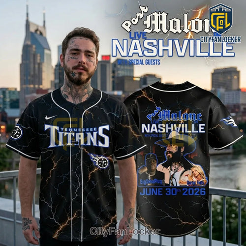Post Malone Nashville Live 2026 Tennessee Titans Lightning Baseball Jersey
