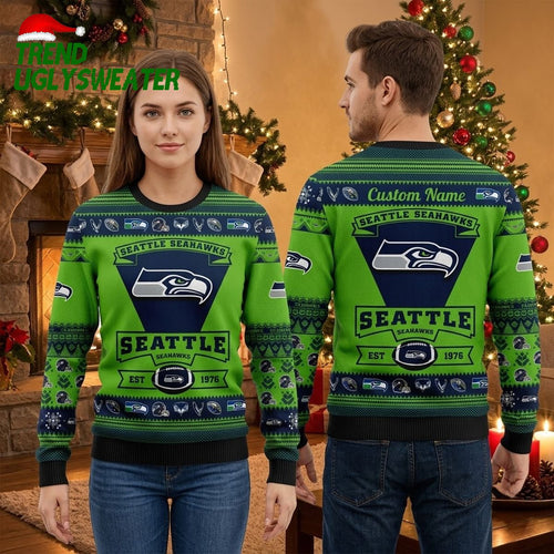 Seattle Seahawks Custom Name Football Helmet Ugly Christmas Sweater