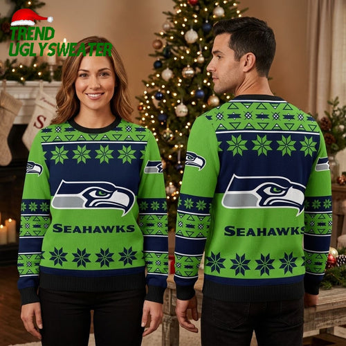 Seattle Seahawks Logo And Snowflake Pattern Ugly Christmas Sweater