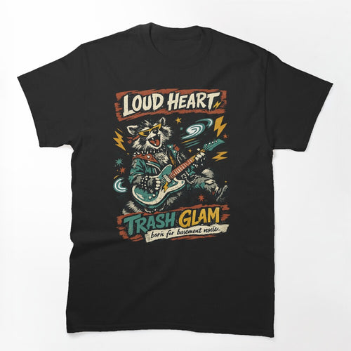 Loud Heart Trash Glam Punk Rock Raccoon Guitar Retro Music Design Shirt