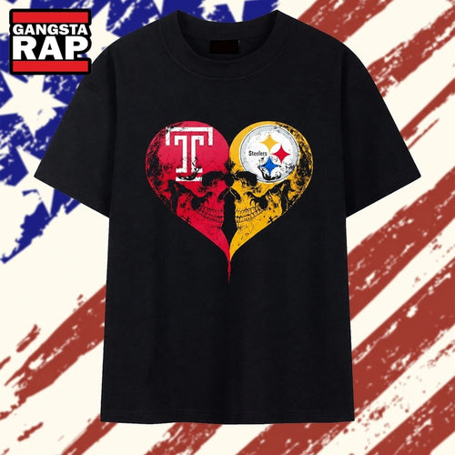 Temple Owls x Pittsburgh Steelers skulls face to face heart shape distressed T Shirt , Vintage Trending Shirt