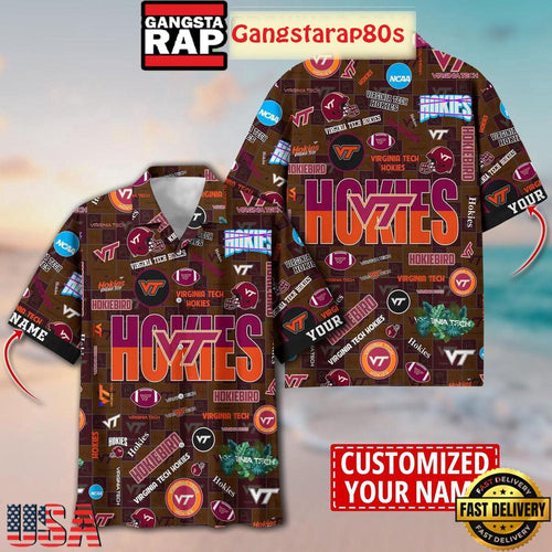 Virginia Tech Hokies Solgan HokieBird True Fan Spirit Custom Name Aloha Hawaiian Shirt