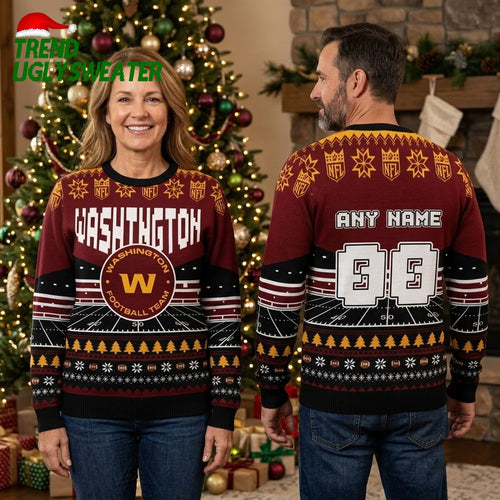 Washington Football Team Football Field Custom Name And Number Ugly Christmas Sweater