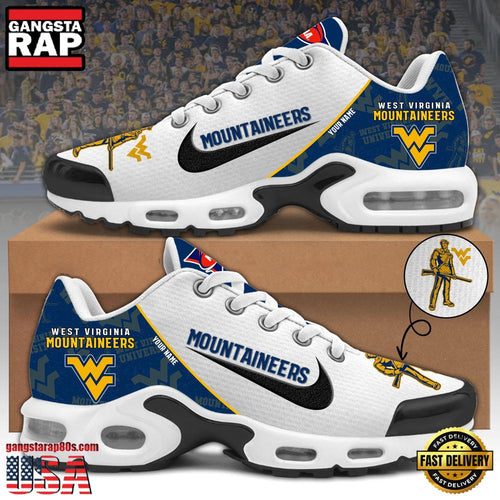 NCAA Custom Name West Virginia Mountaineers Football Mascot Symbol Air Max Plus Shoes Running Sneakers