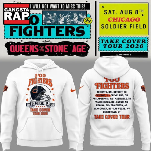 White Hoodie Chicago Bears x Foo Fighters, Take Cover Tour 2026 Hoodie , Music Trend Shirt