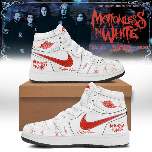 Motionless In White The Sweat And Blood Tour Signed 2026 White Air Jordan 1 Hightop Shoes , Music Air Jordan 1 Shoes