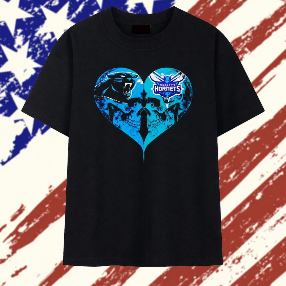 Charlotte Hornets x Carolina Panthers skulls face to face heart shape distressed T Shirt , Vintage Trending Shirt
