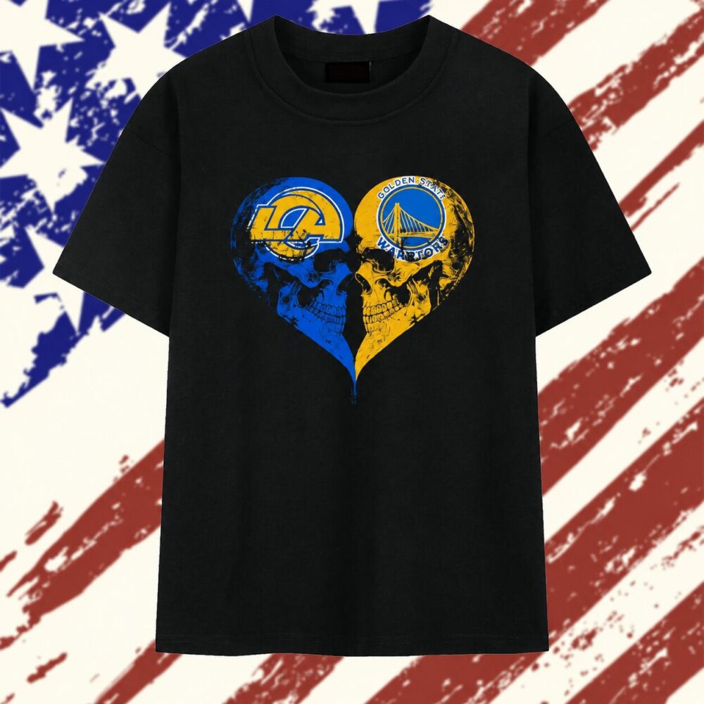 Los Angeles Rams x Golden State Warriors skulls face to face heart shape distressed T Shirt , Vintage Trending Shirt