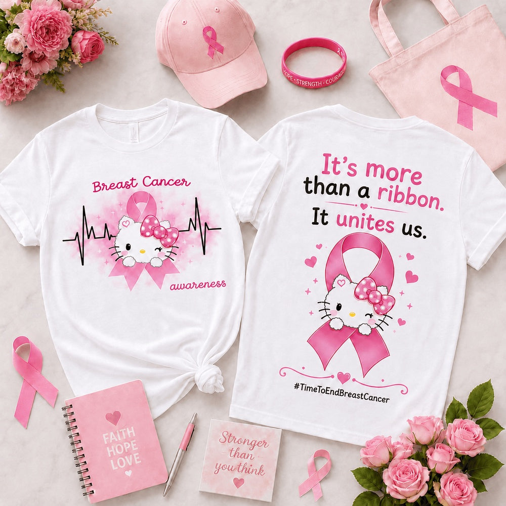 Hello Kitty Together in Pink Breast Cancer Awareness Ribbon, Heartbeat & Unity Front and Back Hoodie T-Shirt