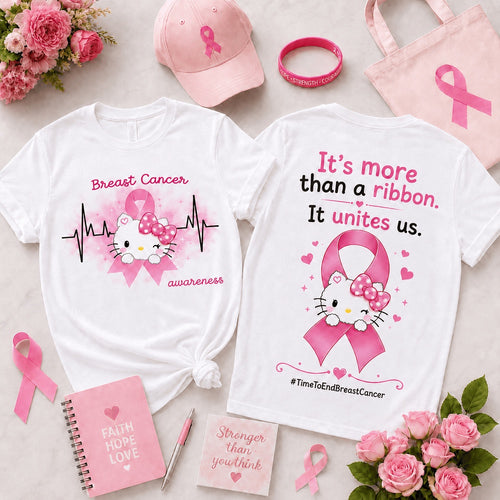 Hello Kitty Together in Pink Breast Cancer Awareness Ribbon, Heartbeat & Unity Front and Back Hoodie T-Shirt